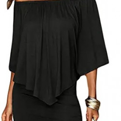 Sidefeel Women Off Shoulder Ruffles Bodycon Mini Dress Black